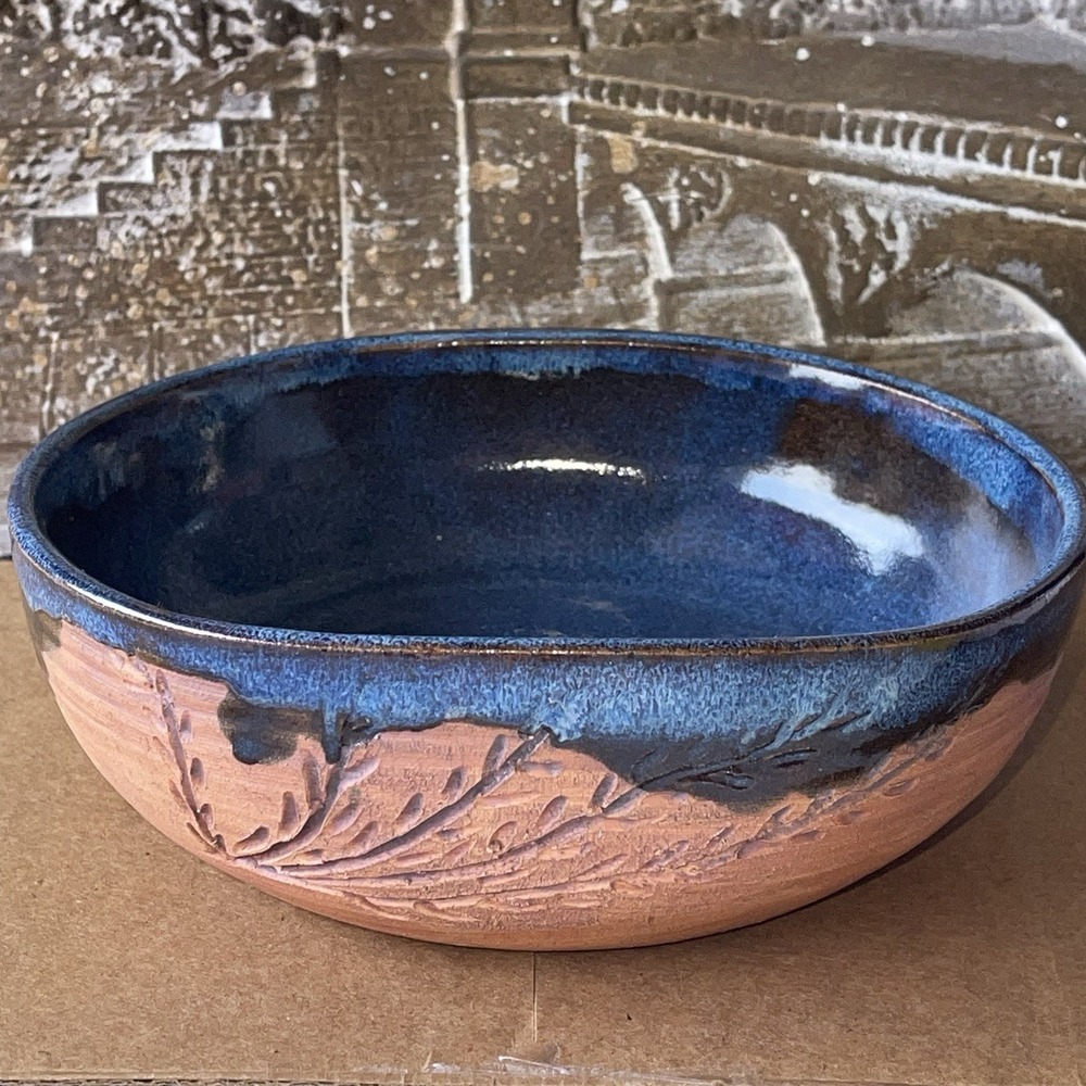 VTG Blue Studio Pottery‎ Bowl Artist Signed "Rabbit" Cottagecore Country Chic